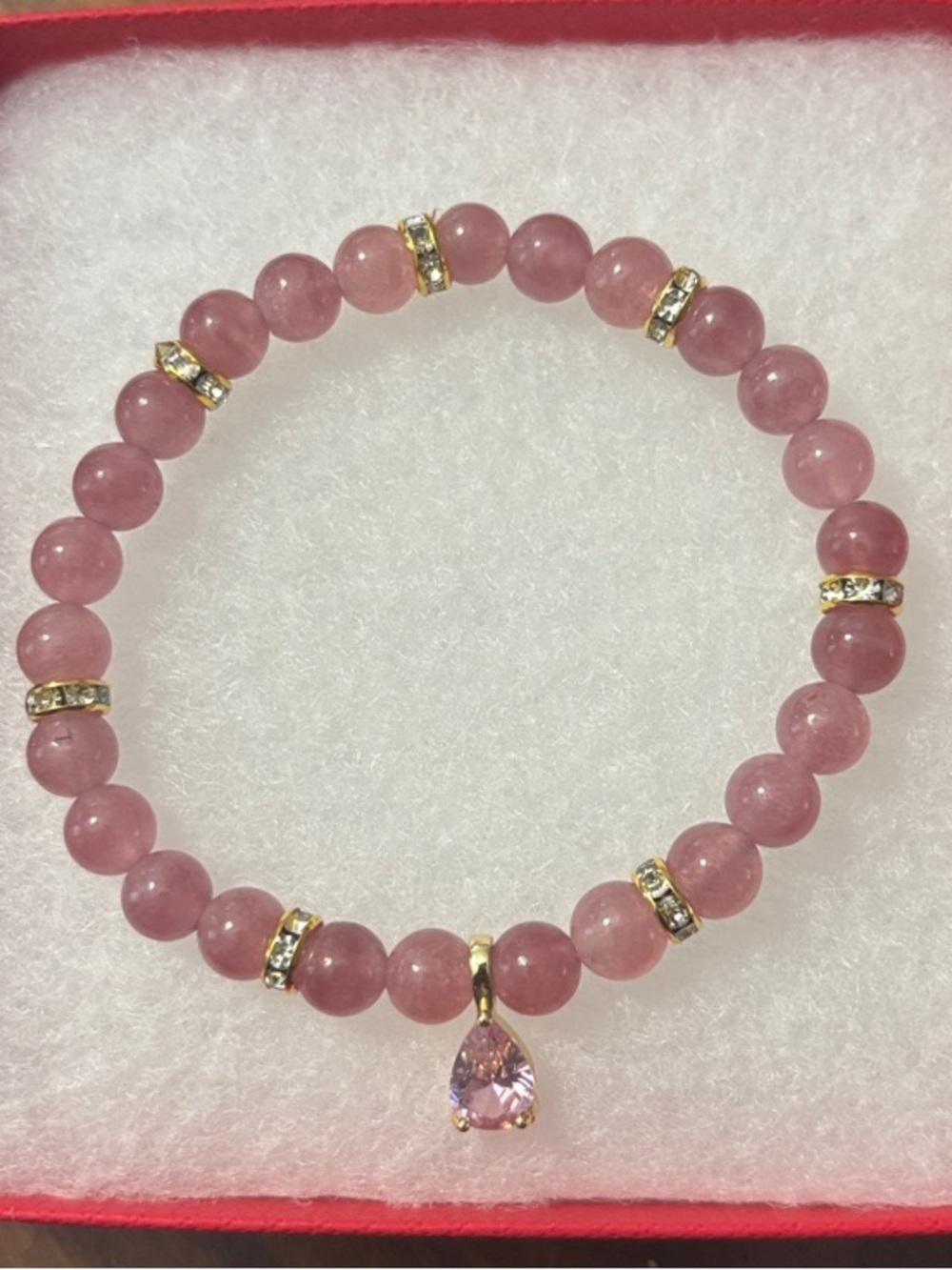 Elegant Pink Beaded Stretch Bracelet with Teardrop Pendant. New/Never Worn.